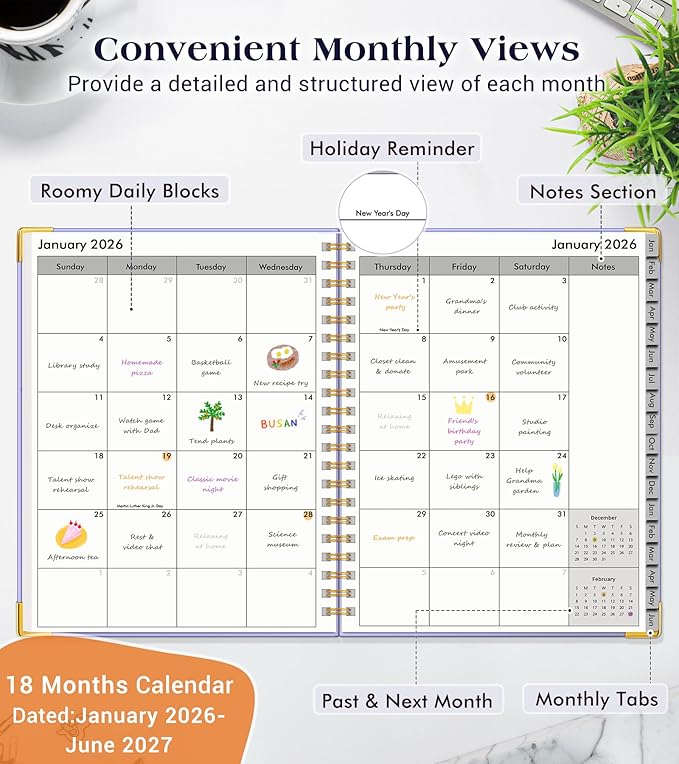 Planner 2026-2027, 18 Months Weekly and Monthly Hardcover Planner, January 2026 - June 2027, 8.5" x 11" A4 Large Daily Calendar Planner Book with Tabs, Spiral Yearly Agenda Organizer Notebook for School Work Home, Purple