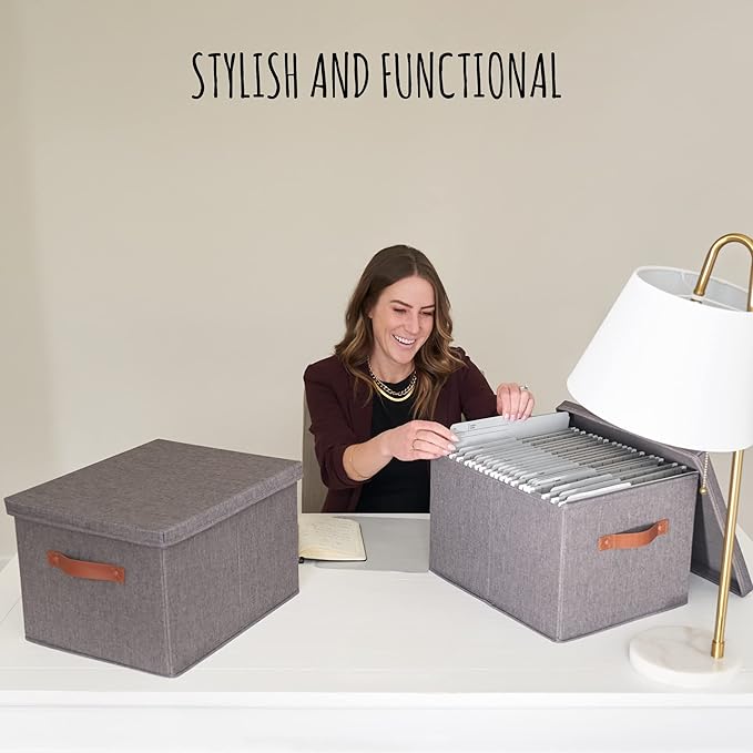 Decorative File Organizer Box Set of 2 - Collapsible Linen Filing Cabinets with Handles Are Perfect to Store All Your Documents & Hanging File Folders - Portable Easy Slide Office Crates with Lid