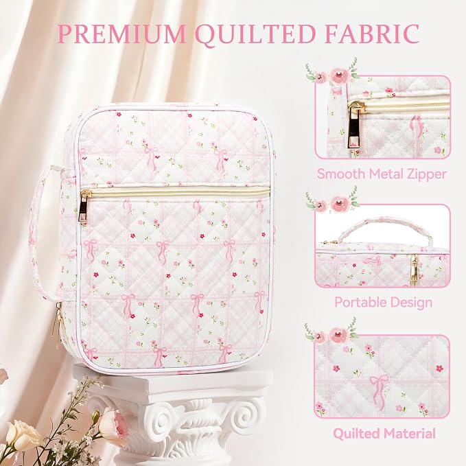 Bible Cover Case for Women Large Quilted Bible Carrying Bag with Handles Bible Study Supplies & Accessories Christian Gifts for Women(Cotton-Pink Patchwork, M)