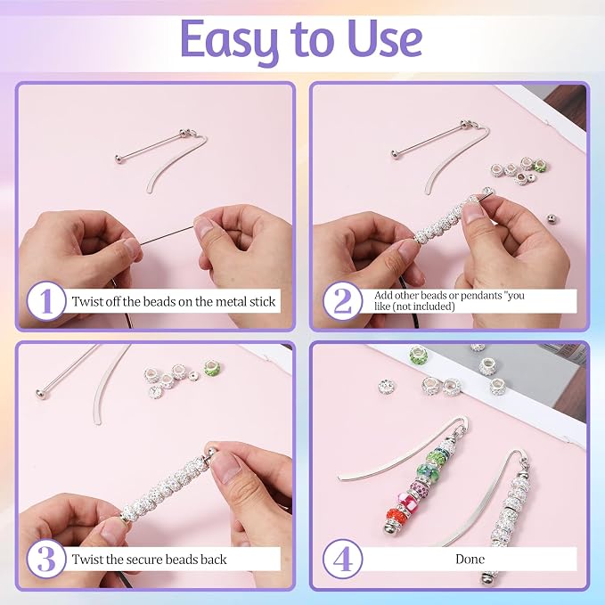 24 Pcs Beadable Bookmarks, DIY Blank Metal Bookmarks for Beads Craft Silver Pendant Charm Gifts for Teachers, Students, Book Lovers, Office Supplies