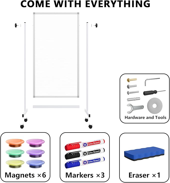 Large Rolling Whiteboard on Wheels, 48" x 24" Height Adjustable Mobile White Board with Stand, 4' x 2' Portable Standing Magnetic Dry Erase Board Easel for Home Office Classroom School, Silver