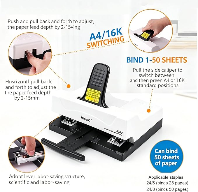 Double-Hole Double-Nail Standard Stapler, Double Head Heavy Duty Stapler, A4/16 Size Switchable, Binding Thickness 2-50 Sheets, Depth Adjustable, Push Button Pop Up Needle Slot, for Office