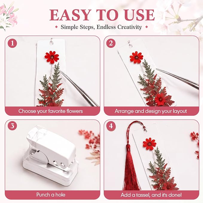 Fuyoooo 61 Pcs Dried Flower Bookmark Making Kit, DIY Bookmark Laminating Pouches with Tassels and Puncher, Handmade Craft Kit for Women, DIY Gifts for Book Lovers (Red Pink Blue,2 x 6 Inch)