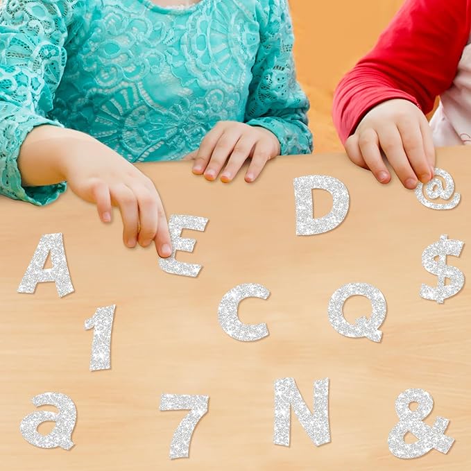 Colarr 216 Pcs Silver Glitter Bulletin Board Letters for Classroom Number Alphabet Punctuation Symbol Cutout 4'' Die-Cut Poster Letter with Adhesive Dot School Party Graduation Decor Display
