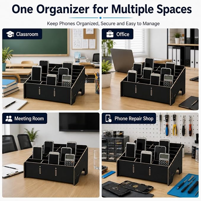 XICHENGSHIDAI 24 Slots Cell Phone Holder for Classroom, Wood-Look Phone Storage Box and Calculator Organizer for Teachers, School, Office and Meeting Room, Caddy and Ink Pad Organizer, Black
