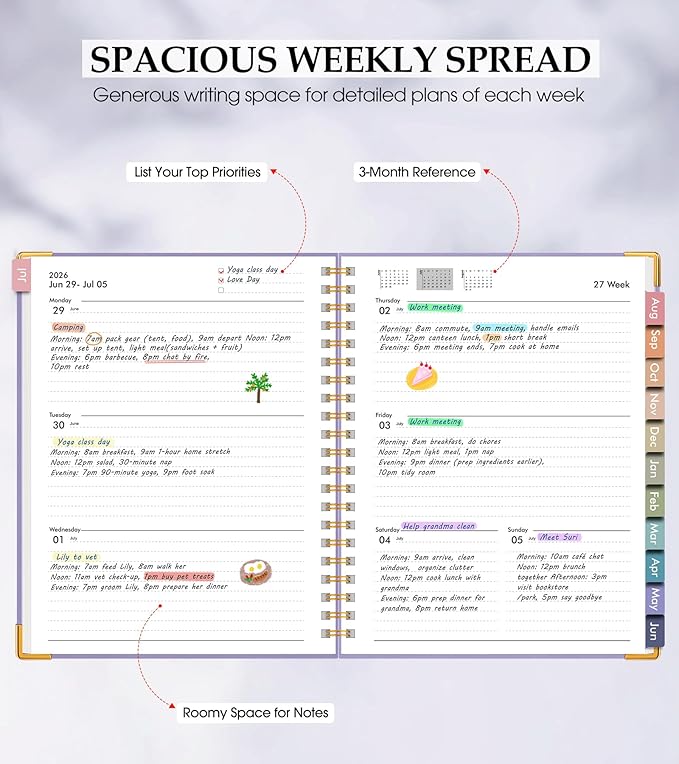 Academic Planner 2026-2027, Hardcover Leather Weekly and Monthly Calendar Planner from July 2026 - June 2027, A4 8.5" x 11" Daily Agenda with Tabs, College School Organizer for Student Teacher, Purple