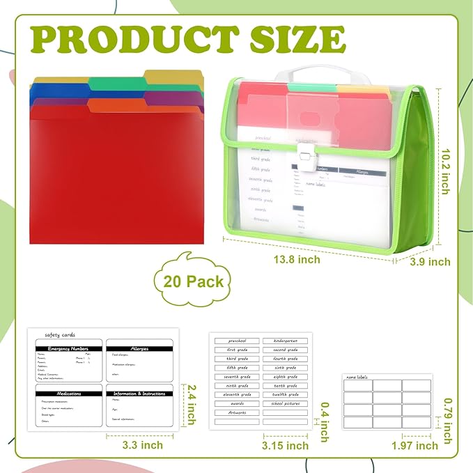 School Years Organizer Kit Clear Plastic Storage Tote with 20 Letter Size Colored Manila Folders 60 Reusable Sticker Labels School Memory Keepsake Box for Pre K to 12th Grade DIY Organization (Green)