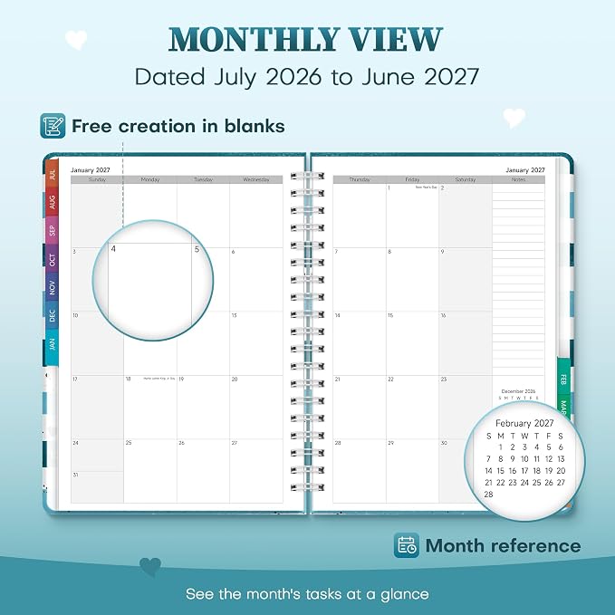 Planner 2026-2027 Monthly and Weekly Academic Planner July 2026 - June 2027, Hardcover Calendar 2026-2027 Agenda Daily Planner for Student Teacher School Office Supplies, 7.4" x 10.2", Blue Stripe