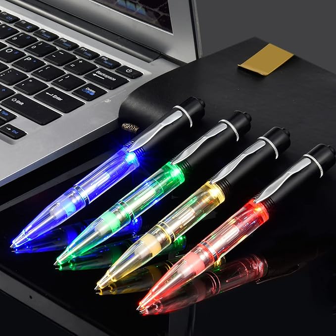 Glovion LED Light Pen, Lighted Ballpoint Pen Penlight for Nighttime Writing, LED Writing Pen Fine Point Black Ink–Mixed Color - Pack of 4 Pens