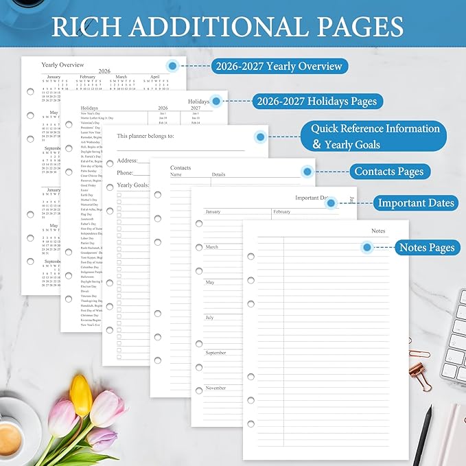 2026-2027 Weekly & Monthly Planner Refill, A5 Medium Planner Inserts for 6 Holes, 5.5"x8.5", July 2026 - June 2027, 12 Monthly Calendars with Laminated Tabs, 6-Hole Punched