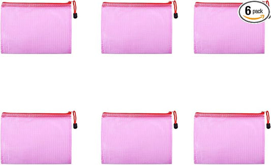 6 Pcs 3.74" x 5.31" B8 Sizes Mesh Zipper Pouch Bags, Mesh Bags with Zipper，Waterproof Clear document pouch for Organization Puzzles Travel, Office, Classroom Organization, B8 Red