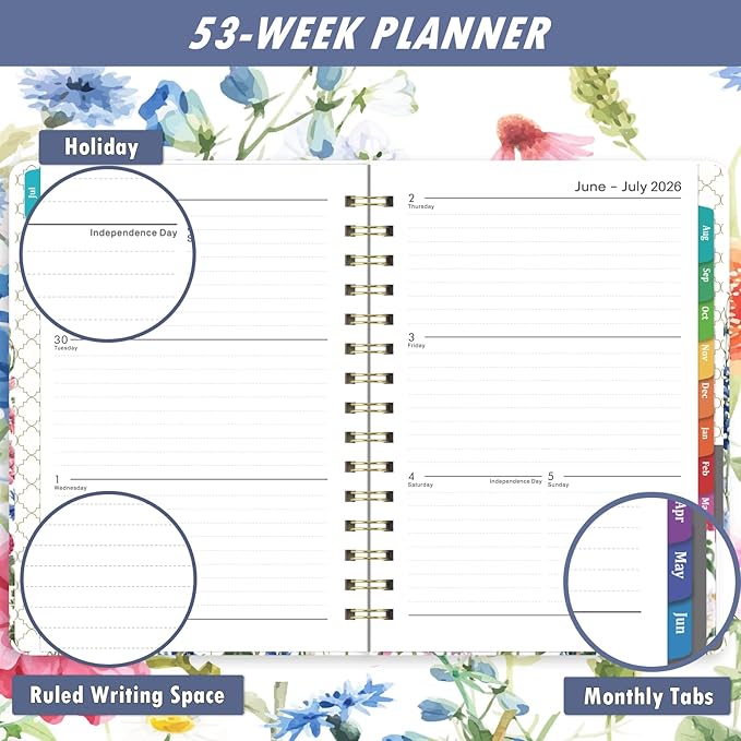 Planner 2026-2027 - Jul. 2026 - Jun. 2027, Academic Planner 2026-2027, 26-27 Planners Weekly and Monthly with Colorful Tabs, 6.3" x 8.4", Hardcover with Back Pocket + Thick Paper + Twin-Wire Binding - Flowers