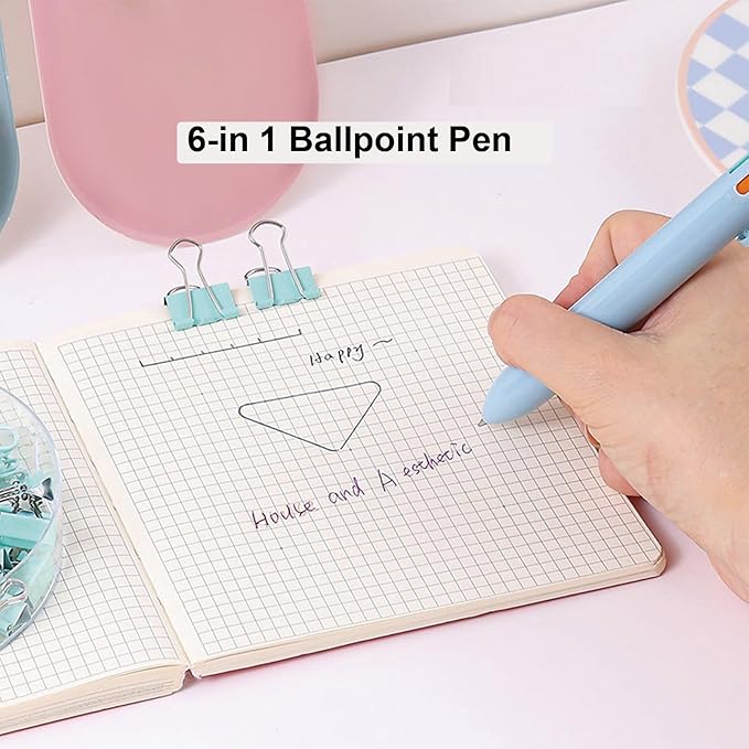 MOZXIRZ 6 Pcs Cute Blue Stationery Set for Women Back to School Supplies Office Supplies Including Gel Ink Pens 6-in-1 Ballpoint Pens Pencil Eraser (Blue)