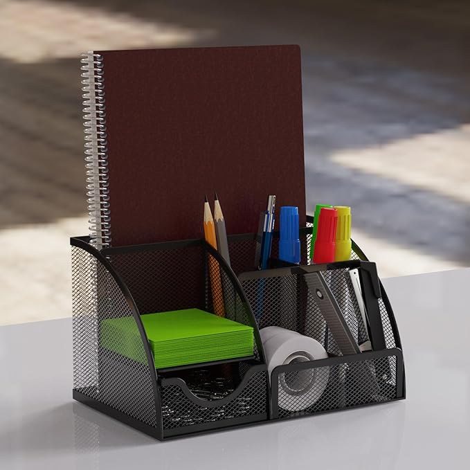 Desk Organizer and Pencil Case with Drawer and 6 Compartments in Black Metal Mesh. Space-Saving Desk Organizer for Pens, Pencils, Sticky Notes, Clips and Staplers