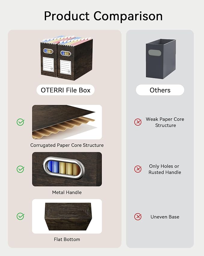Oterri File Organizer Box, Portable Collapsible Cardboard File Folder Organizer with Handle for Letter Size Hanging Files,for Home Office & Classroom (4 Packs, Brown Wood Grain Print)