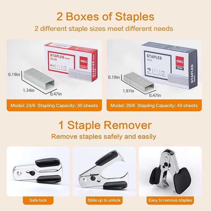 Deli Stapler, Effortless Staplers for Desk, 40 Sheet Capacity Heavy Duty, One Touch, No Effort, Easy to Load,with 2000 Staples & Staple Remover, Good for Office, Home Use, Black (Pack of 2)