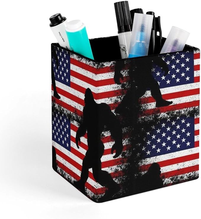 Holder Cup Makeup Brush Storage Organizer, Waterproof Multifunctional Office Supplies, Pen Holder Square Leather Pencil Sasquatch American Flag