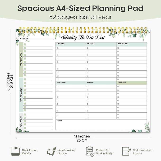 Taja Weekly To Do List Notepad with 52 Undated Sheets（8.5"×11"）- Weekly Desk Planner for Women & Man, Work and Home - 1 Pack Serene Green