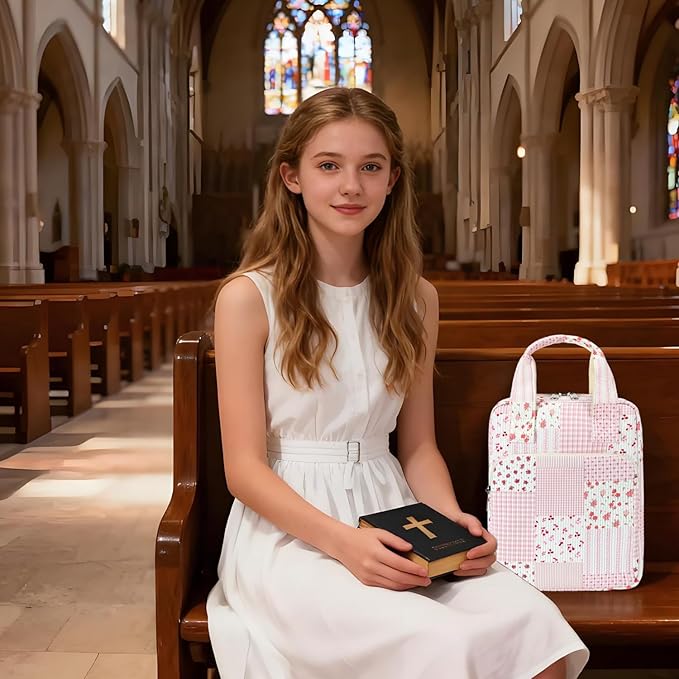 DSIUE Kids Bible Cover Case Gilrs Corduroy Bible Carrying Case Book Holder/Carrier/Bag with Handle and Pockets, Pink Patchwork Floral
