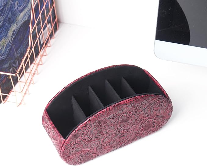 Remote Control Holder, PU Leather Remote Caddy Desktop Organizer with 5 Spacious Compartments for TV Remotes/Media Controllers/Office Supplies (1-Carved3 Red