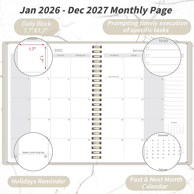 2026-2027 Monthly Planner - 2 Year Monthly Planner 2026-2027, Hard Cardboard Cover, Jan 2026 - Dec 2027, 7.5" x 10", 2 Year Calendar with 24 Month, Twin-wire Binding, Note Pages