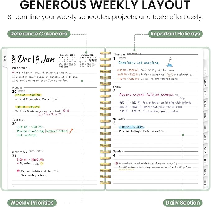 2026 Planner, Weekly and Monthly Calender Planner, Jan 2026 to Dec 2026, Hardcover 2026 Calendar Book with Tabs & Inner Pocket, Office Home School Supplies for Women & Men - A4 (8.5" x 11"), Mint