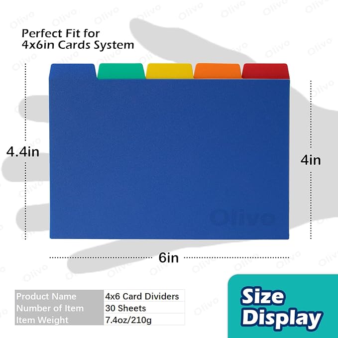 Olivo Index Card Dividers Tabs 4x6 Poly Plastic Card File Guides 4" x 6", Colored, 30 Pack
