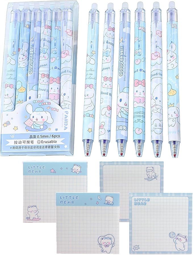 10 Pcs Stationery Set, 6Pcs Cute Erasable Gel Ink Pens Blue Ink & 4 Pcs Kawaii Sticky Notes,Gifts for Students Party Office School Supplies