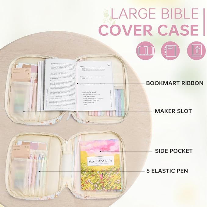 Bible Cover Case for Women Large Bible Cover with Durable Handle Quilted Bible Carrying Case for Girls Bible Study Supplies Accessories (Mini Pink Flower, Mini Pink Flower)