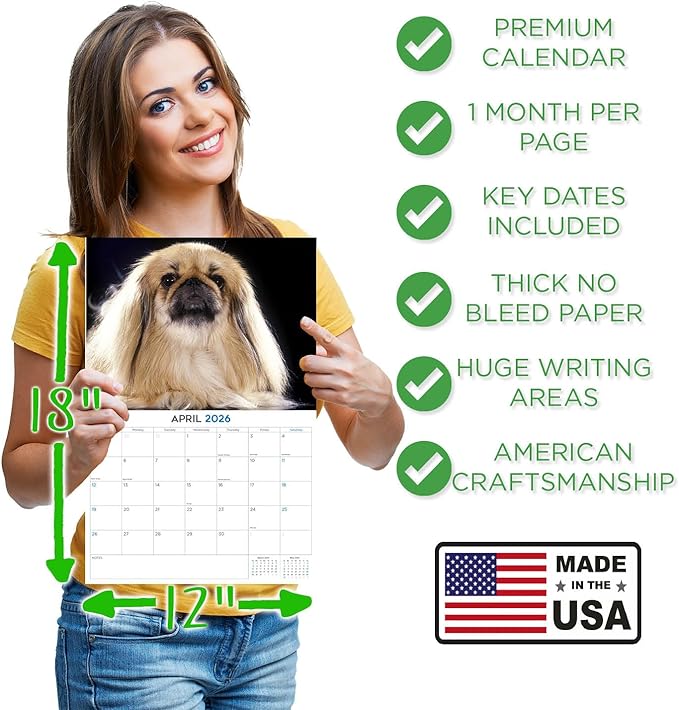 2025 2026 Pekingese Calendar - Dog Breed Monthly Wall Calendar - 12" x 18" Open - Thick No-Bleed Paper - Giftable - Academic Teacher's Planner Calendar Organizing & Planning - Made in USA