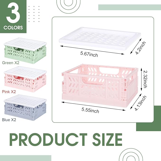 Hushee 6 Pcs Mini Pastel Plastic Storage Baskets with Lids Small Collapsible Crates Mini Mesh Storage Bins Folding for Bedroom Pencils Office Desktop Drawer Organizer 5.55 x 4.13 x 2.32 in
