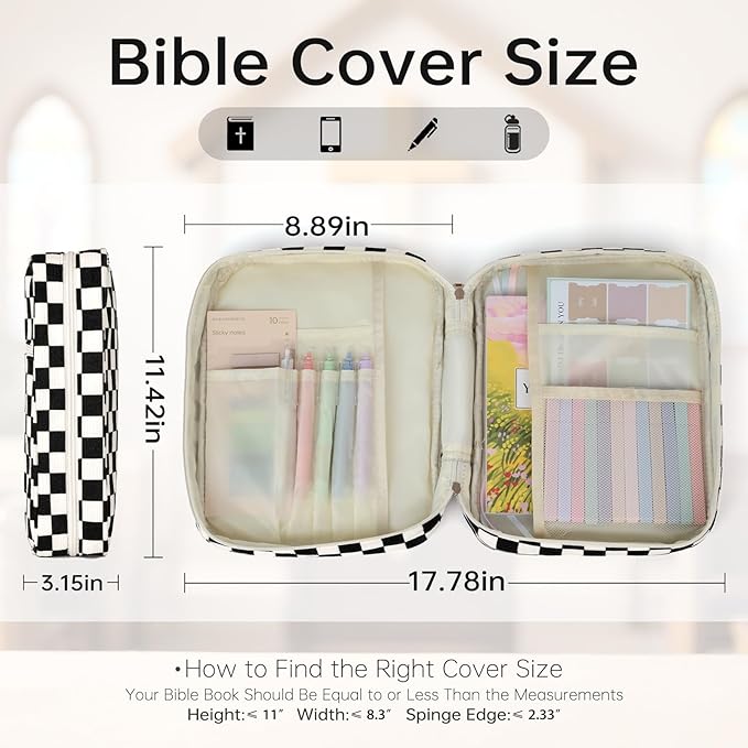 Bible Cover Case for Women Corduroy Bible Case for Girls Checkered Large Bible Cover with Handle Bible Study Supplies Accessories Christian Gifts for Women (Black, Medium)