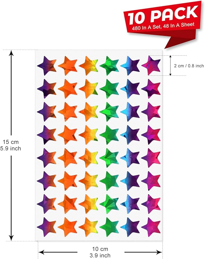 480 PCS Holographic Star Stickers 0.8” Vinyl Self Adhesive Samll Sparkle Foil Labels Waterproof Reward Decals for Students Teachers