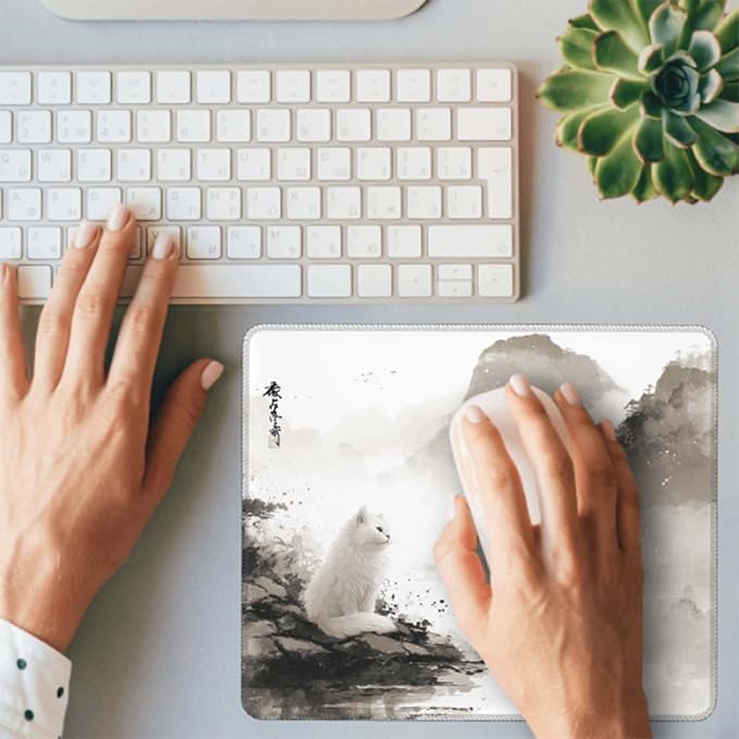 Voltique Mouse Pad Small Desk Mat, White Cat Computer Mousepad with Stitched Edges Non-Slip, Keyboard Mouse Pad for Desktop Office Desk Accessories