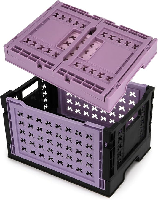 Domiella 2-Pack Foldable High-Strength PP Ventilated Baskets - Collapsible Storage Bins for Kitchen, Camping, Office & Home, Wear Resist Indoor Outdoor Organizer, Small Black-Purple & Pink-Purple