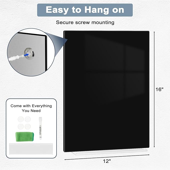 Magnetic Glass Whiteboard for Wall, 16" x 12" Glass Dry Erase Board, Frameless White Board for Home and Office - Black