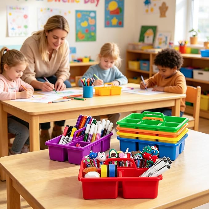6PC Classroom Caddy, 7.87 x5.9x 3.35 Inches,5 Compartment Small Caddy with Handle, Craft Art Caddies for Pencil, Crayon, Marker, Home, Office, School Supplies