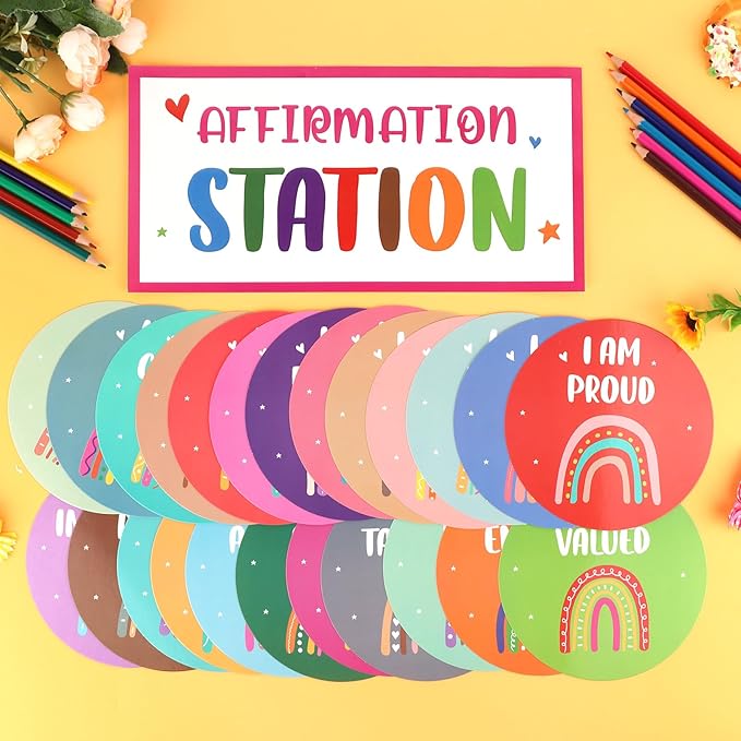 Boho Affirmation Station Bulletin Board Set Rainbow Positive Bulletin Board Positive Mirror Growth Mindset Inspirational Motivational Accent Cutouts for School Teacher Home Wall Supply