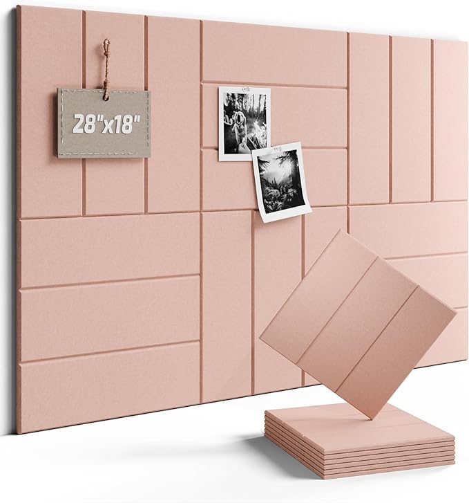 Fluxynara Felt Bulletin Board Tiles -28"x18" with 40 Adhesive Tabs, Cork Board Alternative for Office Decor, Push Pin Board Wall Organizer 6-Pack(Pink)