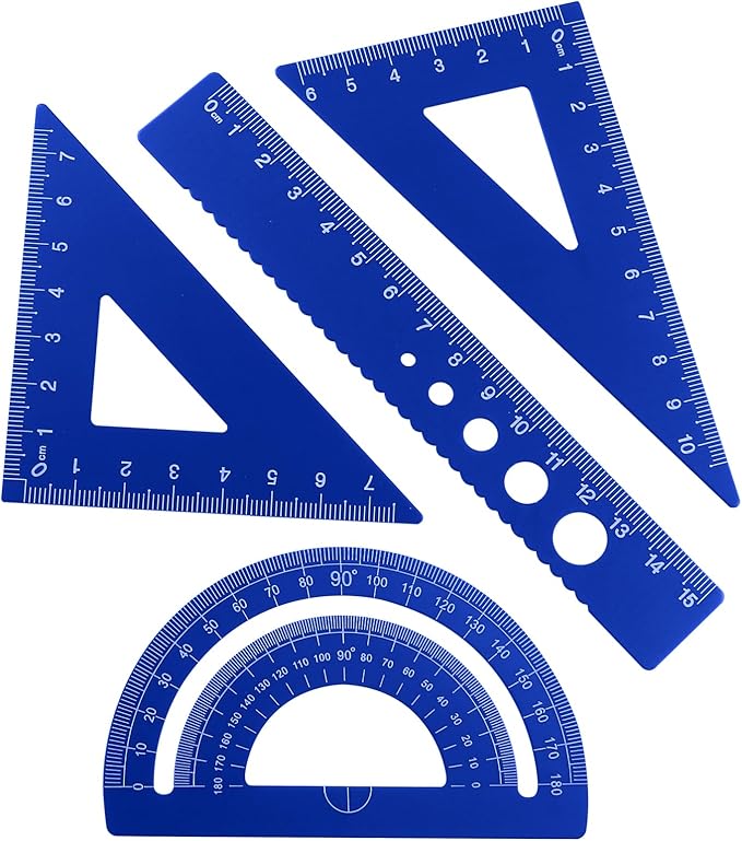 4 Pcs Triangular Ruler Set, Aluminum Alloy Geometry Tools, Metal Drafting Ruler for Students, Draftsmen, Engineers, School Office Supplies with Protractor & Metric Scales (Blue)