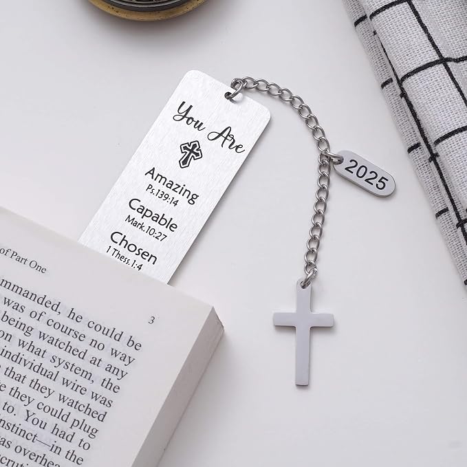 Christian Gift, 2025 Bible Verse Cross Charm Metal Bookmark for Women & Men, Faith-Based Religious Book Mark Gift for Book Lovers, Silver