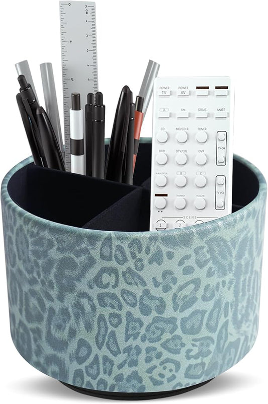 Round Leather Art Supply Organizer,Remote Control Holder,360 Degree Rotating,Multi-Functional Pencil Holder,4 Compartments Desktop Stationary Organizer(1-Leopard Green)