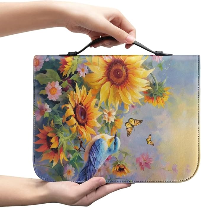 Sunflower Hummingbird Bible Covers Case PU Leather Bible Carrying Case with Handle Waterproof Bible Protector Multi-Purpose Bible Tote Bag Large Size XL