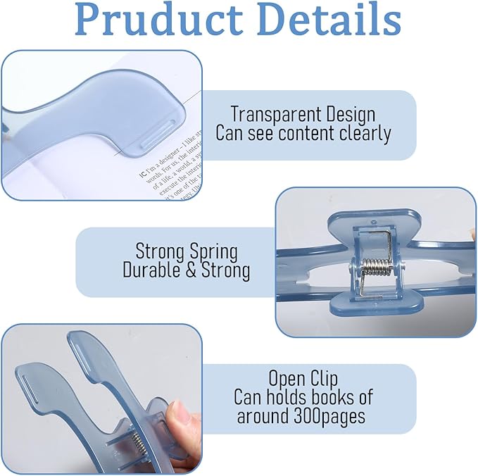 2PCS Journal Clip - Transparent & Blue Book Page Holder for Reading, Portable Journal Clips to Hold Open, Multifunctional Book Opener Holder, Books Reading Accessories for Teacher Clerk(Blue)