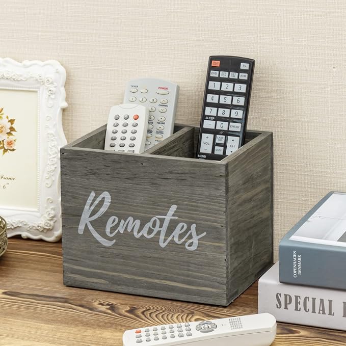 MyGift Vintage Gray Weathered Solid Wood Remote Holder for Table, 2 Compartment Caddy Holds TV DVD Blu-Ray Controls, Media Storage Box with White Cursive Remotes Label