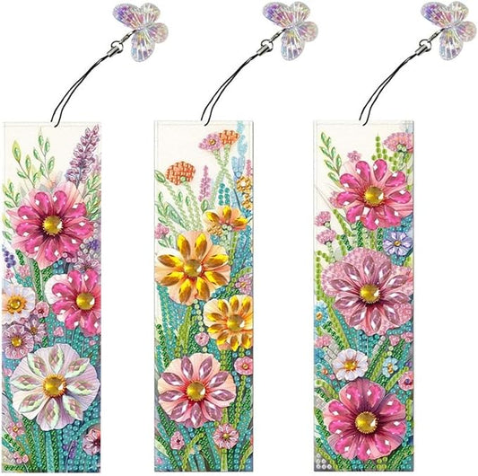 ARTopet 3Pcs DIY Diamond Art Painting Bookmarks with Colorful Butterfly Pendant PET Bookmark Ornament Double Sided Pattern Single Sided Diamond Book Marker Clip Gifts Tags-Flowers03
