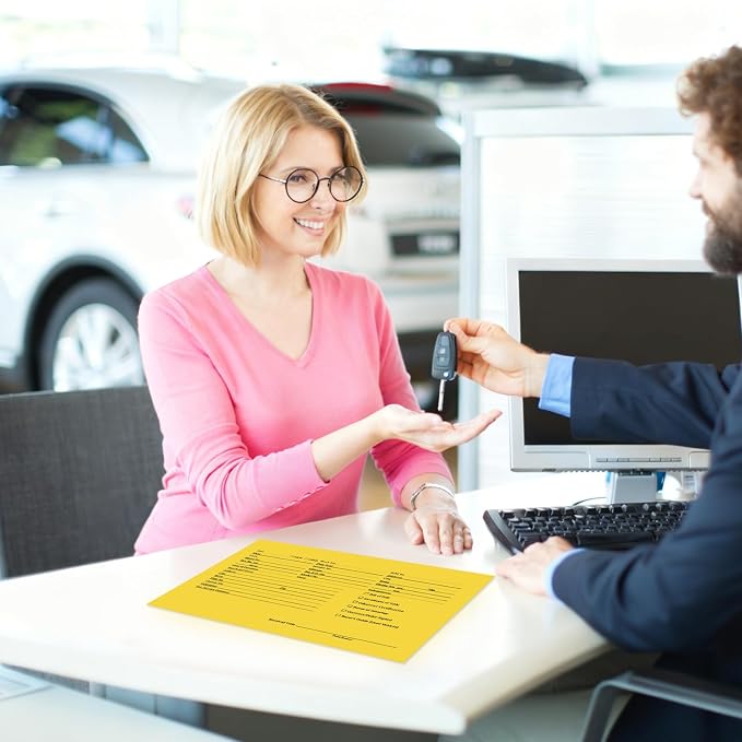100 Pack Vehicle Deal Jackets for Dealerships, 9X12 Inch Printed Vehicle Deal Envelopes, Car Sales Deal Folders, Dealer Record Envelopes (Yellow)