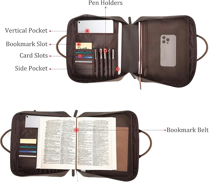 Polare Full Grain Leather Bible Cover Bag with Handle & Strap, Large Bible Carrying Case Organizer for Church Bible Study, Premium Christian Gift for Men and Women