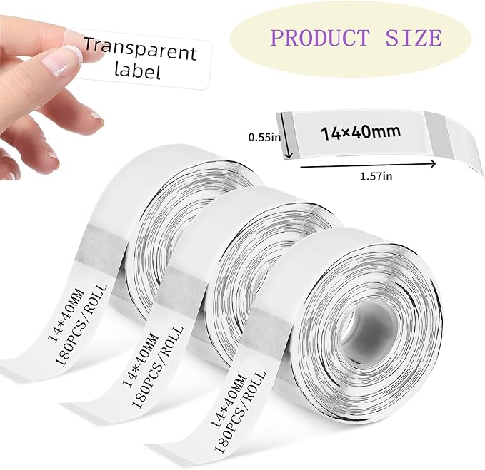 3 Rolls Compatible with D30/P11/HP1 Transparent Thermal Label Paper, 14 x 40 mm, Waterproof self-Adhesive Label Tape, Printable barcodes, Home and Office use (180 Labels/roll)