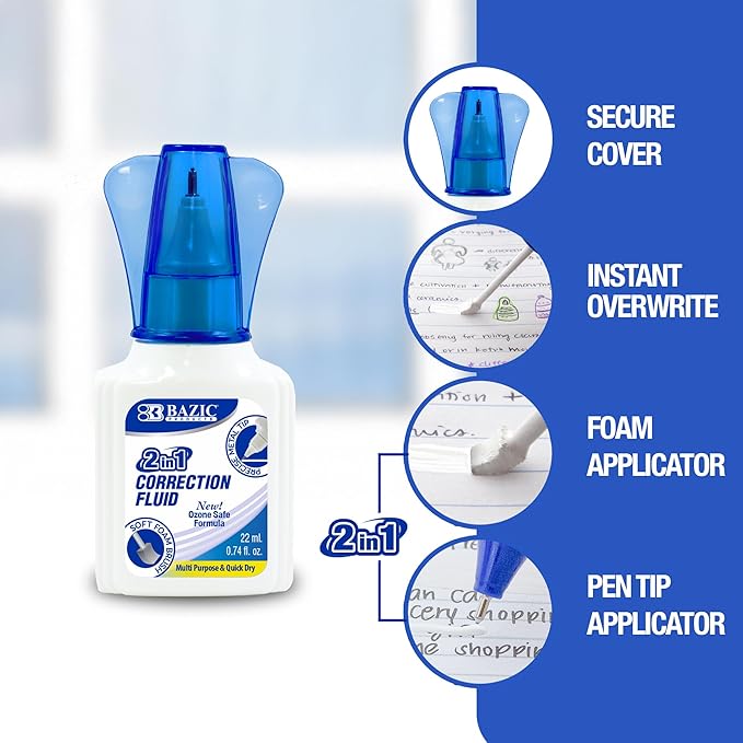 BAZIC Products Correction Liquid 2 in 1 (0.74 oz / 22 ml), Foam Brush & Precise Metal Tip Applicator, Instant Corrections Pen White Out Wipe Out Fluid, 24-Pack